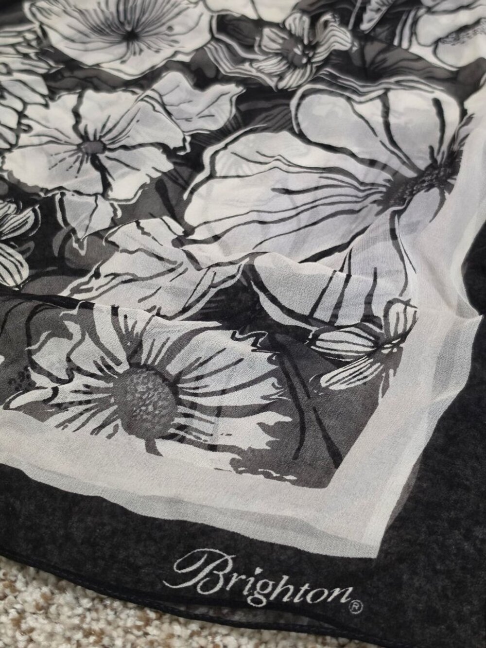 Brighton Black & White Silk Scarf 21"x66" Sheer Butterfly & Floral Print Oblong
